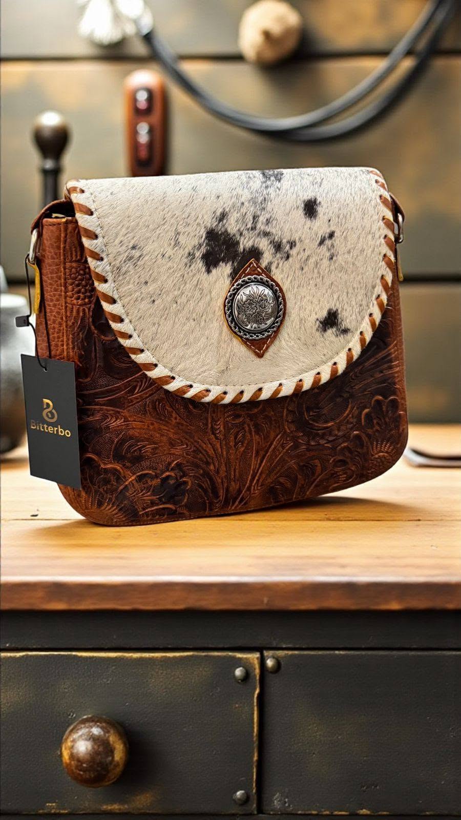 Bolsa mediana artesanal de piel y pelo de res