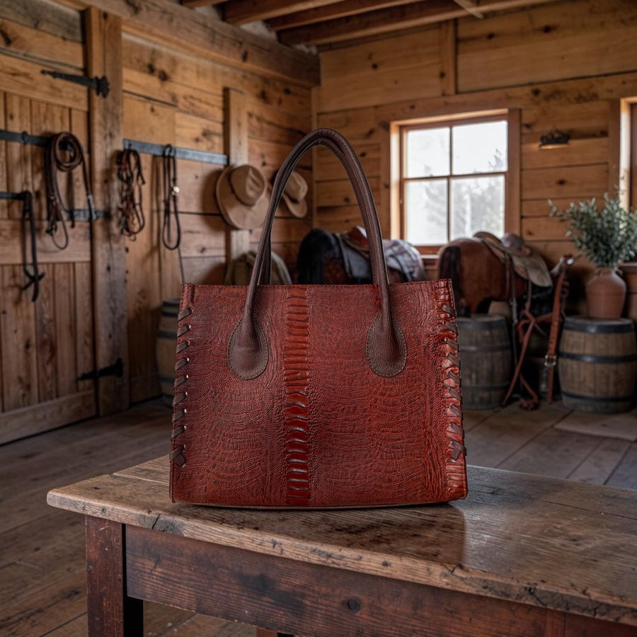 Bolsa artesanal de piel de res con textura exótica